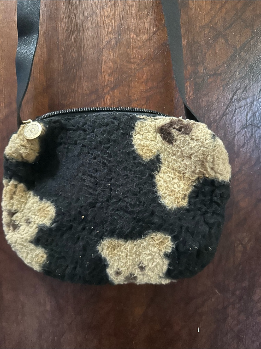 Plush Fuzzy Teddy Bear Crossbody Bag in Black and Cream